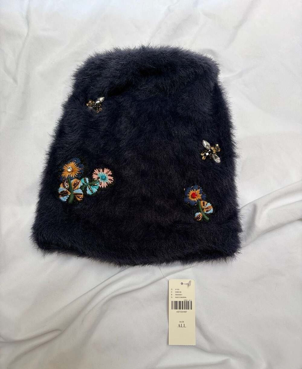 Sleeping on Snow Fuzzy Embellished Beanie Hat with Floral and Bee Accents